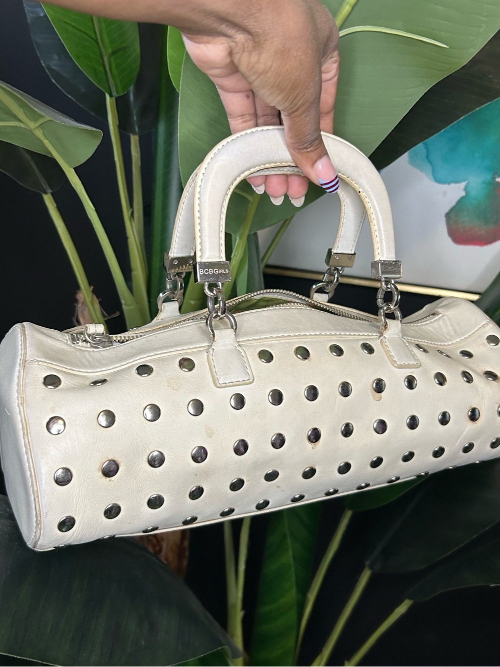 BCBGMaxAzria Cream Barrel Studded Mini Satchel
